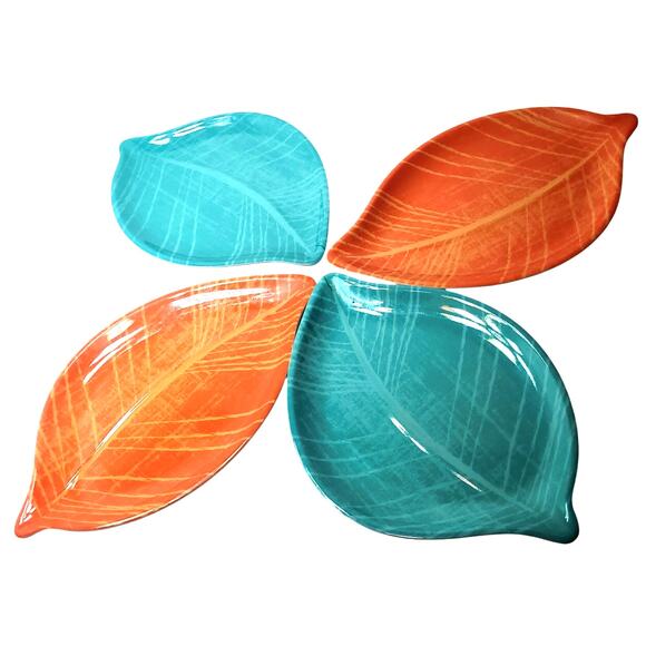 8 Orange & Turquoise Precidio Melamine Leaf 10" X 6" Salad/Dessert Plates - Picture 1 of 7